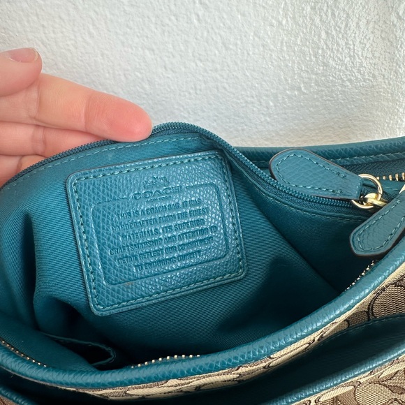 Coach Signature Brown and Teal Shoulder Bag - Picture 3 of 10